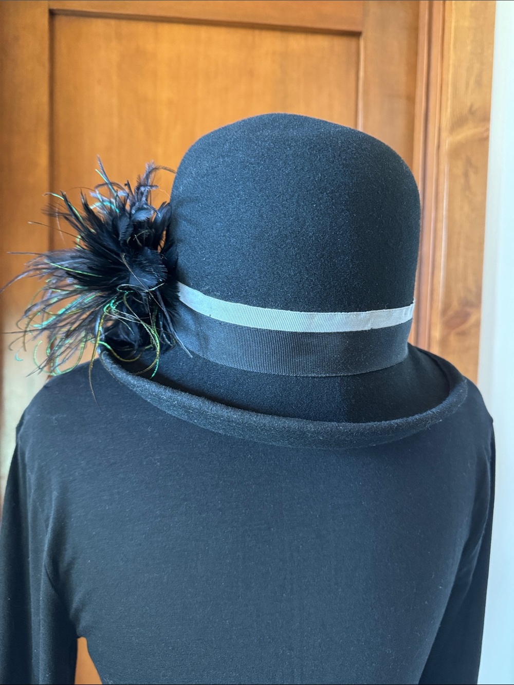Scala Black Felt Cloche with Feather Spray